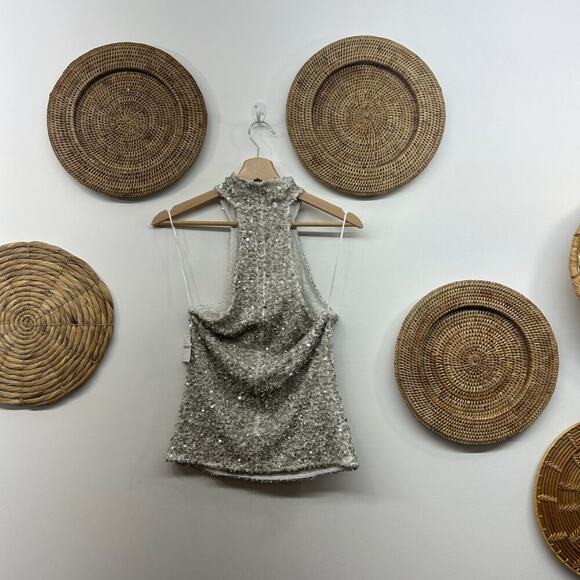 NEW Free People Silver Sequin Sequins High Neck Sparkle Turtleneck Tank Top XS - Picture 3 of 8